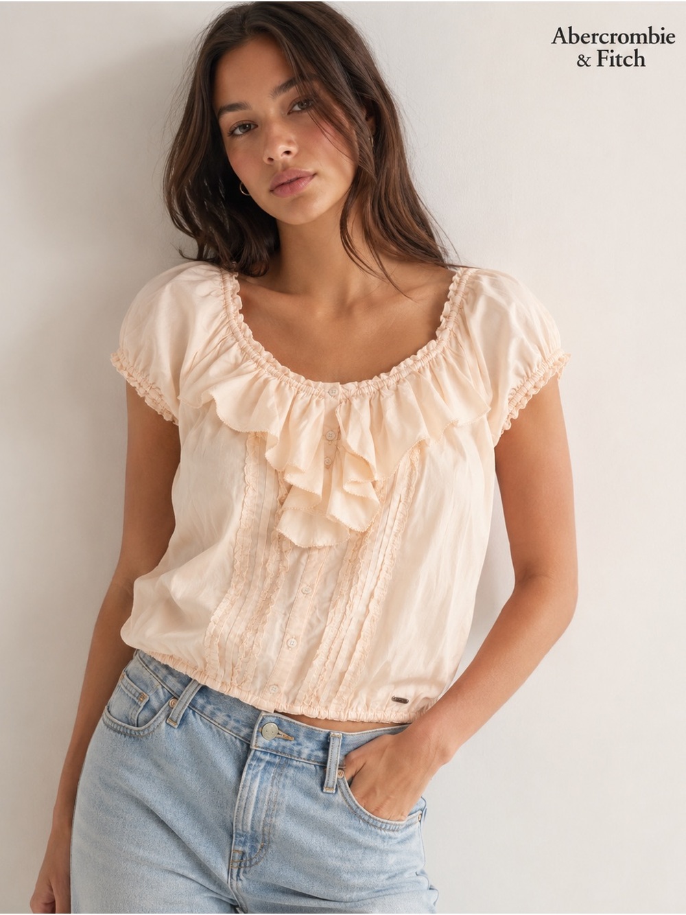 NWOT Abercrombie & Fitch Women's Peach Ruffle Silk Peasant Top Small